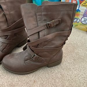 Motorcycle style flat calf length boot